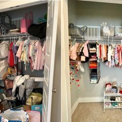 Neat Home Alabama - Before and After toddler closet. From disarray to items organized by type