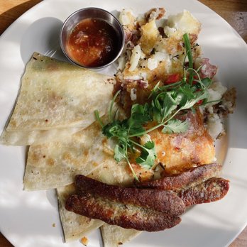 Orphan - Cheese quesadilla with rosemary potatoes - side of two sausages - Breakfast & Brunch Near Me - Sacramento, California Orphan - Cheese quesadilla with rosemary potatoes - side of two sausages - Breakfast & Brunch Near Me - Sacramento, California