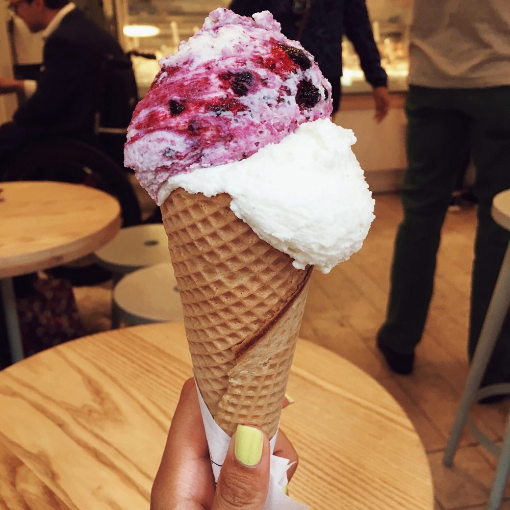 medium cone (80 CZK) of blueberry cheesecake and jasmine rice