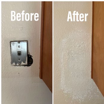 Sheppard's Coatings - Before during and after - ready to paint next! Eddie kindly offered to remove old landline phone plate and patch drywall. - Painters Near Me