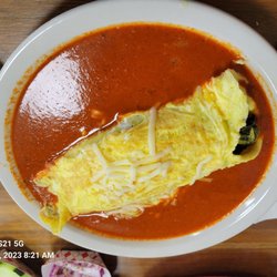 Birrieria Las Marias - Chile relleno omelette. SPICY RED SAUCE