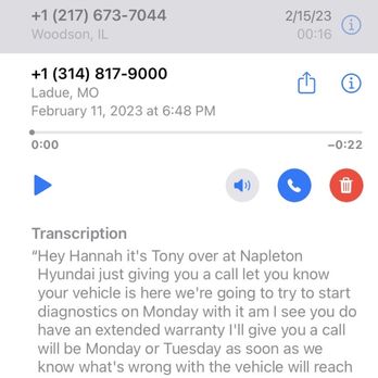 Napleton Hyundai - The voicemail left on 2/11/23 stating they would start work on Monday 2/13/23 - Car Dealers Near Me - Hazelwood, Missouri Napleton Hyundai - The voicemail left on 2/11/23 stating they would start work on Monday 2/13/23 - Car Dealers Near Me - Hazelwood, Missouri