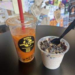 Thai milk tea with boba and arroz con leche with raisins and brown sugar boba absolutely amazing glad I tried this place Thai milk tea with boba and arroz con leche with raisins and brown sugar boba absolutely amazing glad I tried this place