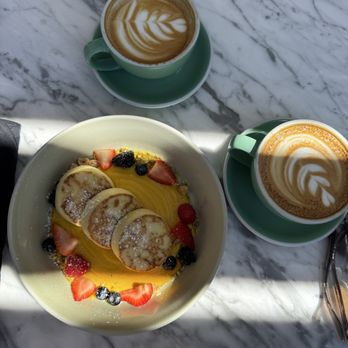 Mood - Syrniki with mango custard Latte - Breakfast & Brunch Near Me - Los Angeles, California Mood - Syrniki with mango custard Latte - Breakfast & Brunch Near Me - Los Angeles, California