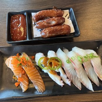 Its Sushi - Kurobuta Sausage (top), garlic salmon, spicy octopus, and red snapper - Sushi Bars Near Me - Sacramento, California Its Sushi - Kurobuta Sausage (top), garlic salmon, spicy octopus, and red snapper - Sushi Bars Near Me - Sacramento, California
