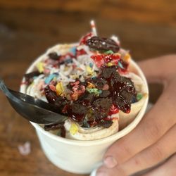 Sweet Charlie's - Delicious! Cinnamon Toast Crunch ice cream with strawberry syrup, Fruity Pebbles and Oreo cookies