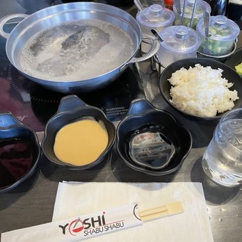 Yoshi Shabu Shabu - The set up: hot pot, sauces, veggies, rice bowl, garnishes - Japanese Near Me - Plano, Texas Yoshi Shabu Shabu - The set up: hot pot, sauces, veggies, rice bowl, garnishes - Japanese Near Me - Plano, Texas