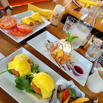 Untoasted - Crab cakes Benedict , original eggs Benedict, fruity pebbles French toast without peanut butter and nutella latte - Breakfast & Brunch Near Me - Hallandale Beach, Florida