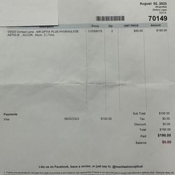 MAIN Fashion Optical - What I was charged for without my insurance being processed.