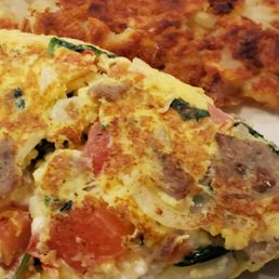 Greek omelet with gyro meat added and hash browns Greek omelet with gyro meat added and hash browns