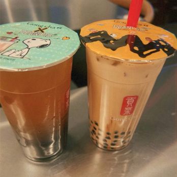 Gong Cha - (Left) Lychee green tea w/ boba, (right) dirty brown sugar latte w/ boba. - Bubble Tea Near Me - Washington, DC, District of Columbia