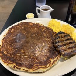 Pancake combo with scrambled eggs and sausage
