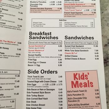 Sunset Grill - Other side of menu - Breakfast & Brunch Near Me - Niagara Falls, Ontario