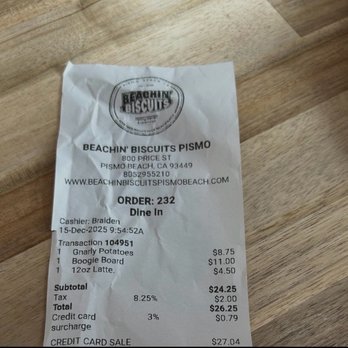 Beachin’ Biscuits - Receipt minus another one when we forgot to buy biscuits (see pic) - Breakfast & Brunch Near Me - Pismo Beach, California Beachin’ Biscuits - Receipt minus another one when we forgot to buy biscuits (see pic) - Breakfast & Brunch Near Me - Pismo Beach, California