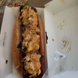 The chopped cheese dog with spicy sausage.