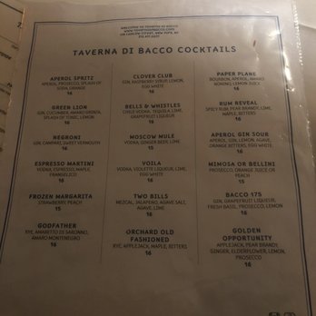 Taverna Di Bacco - Drink menu (July 2022) - Italian Near Me - New York, New York