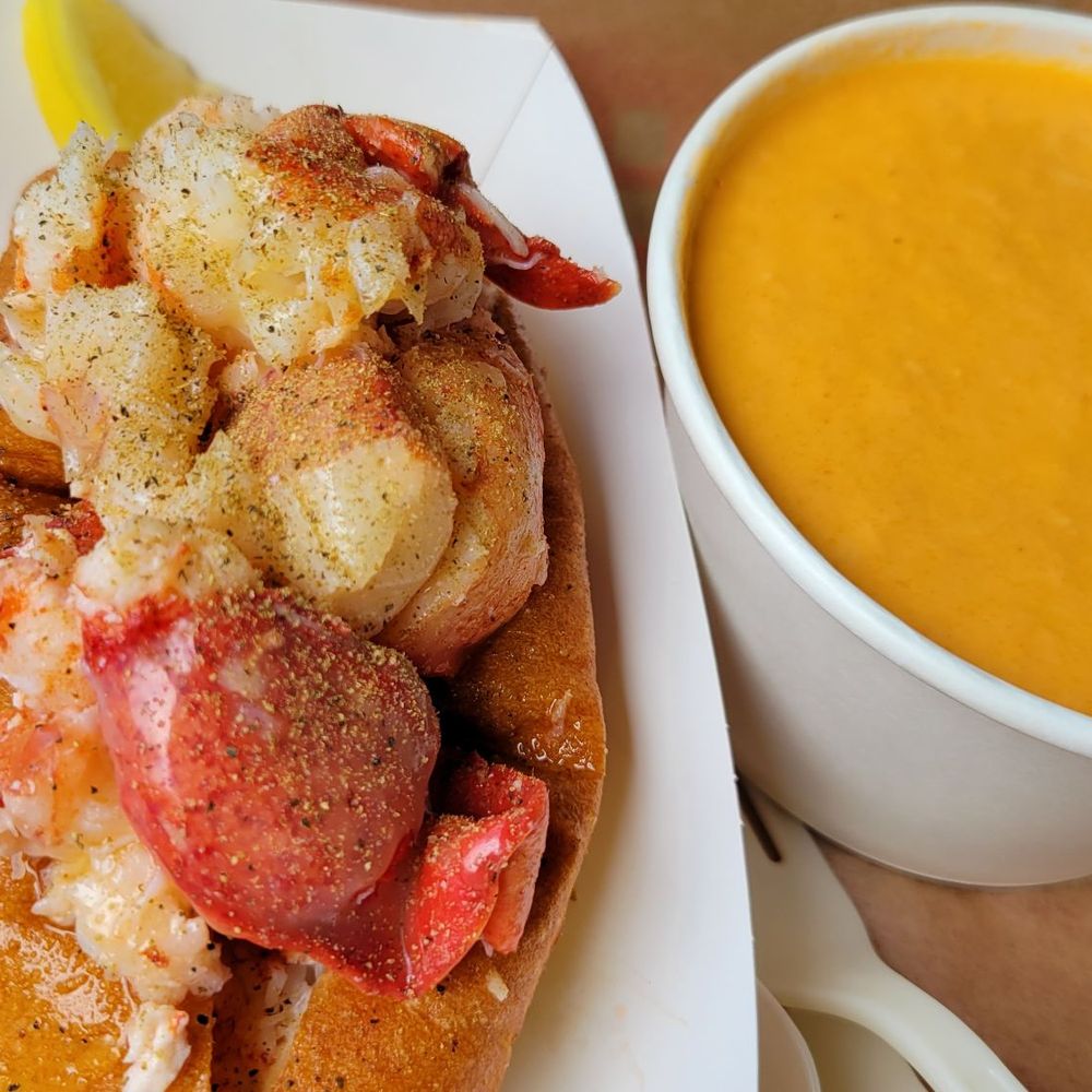 Lobster West - Epic lobster roll (2x the lobster vs standard) with a cup of lobster bisque. - Seafood Near Me - Encinitas, California Lobster West - Epic lobster roll (2x the lobster vs standard) with a cup of lobster bisque. - Seafood Near Me - Encinitas, California
