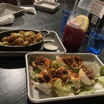 SmokeWorks - Fried okra and deviled eggs - Barbeque Near Me - Bloomington, Indiana