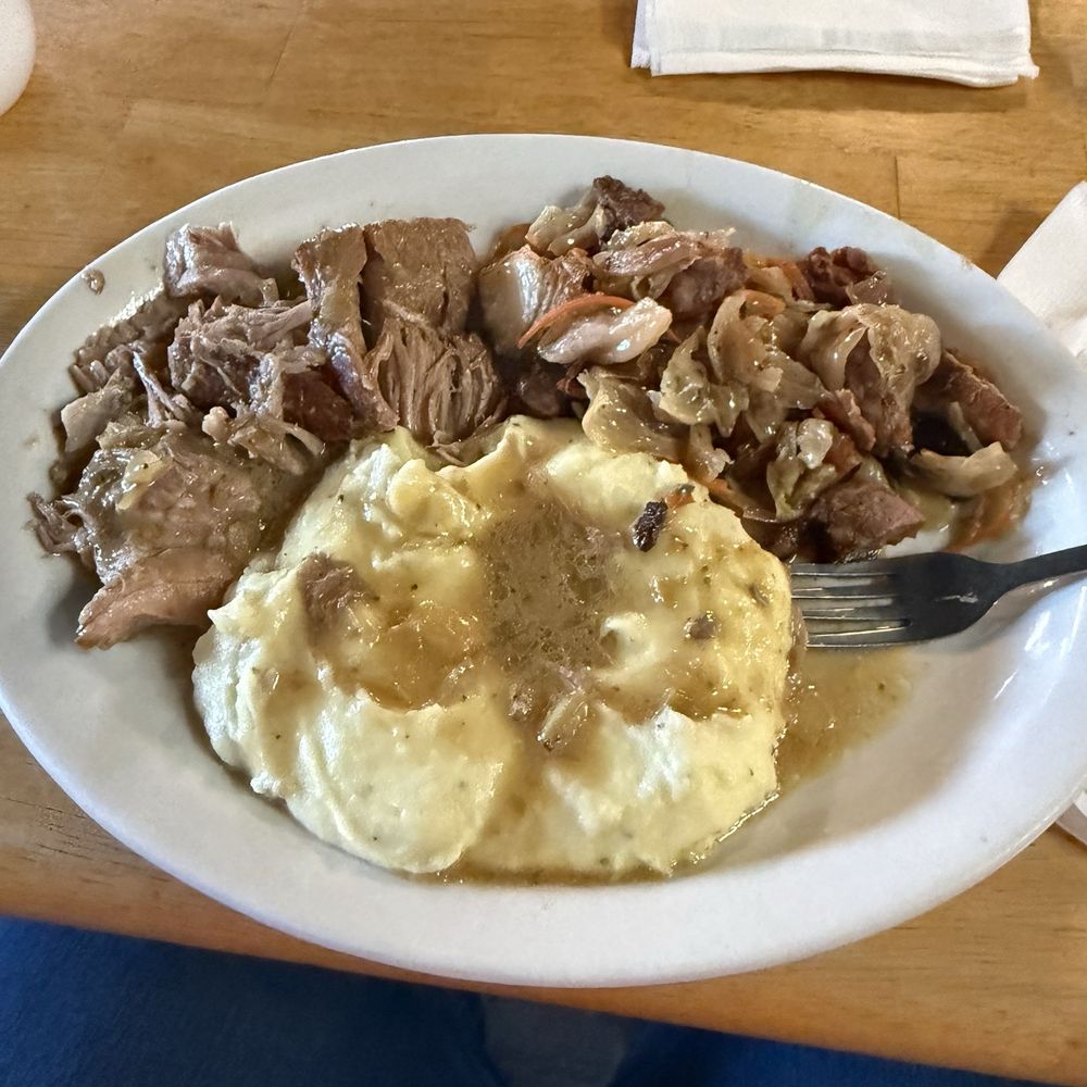 Corner Stone Café - Pot roast, mash potatoes with gravy and delicious fried cabbage. - Breakfast & Brunch Near Me - Ellijay, Georgia