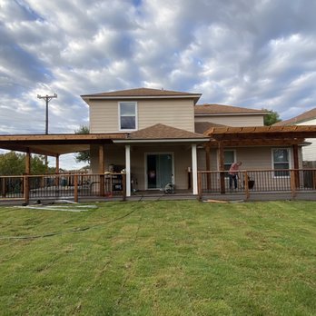 Red Knights Construction - Wraparound deck center/left; pergola on right. - Decks & Railing Near Me - Cedar Creek, Texas