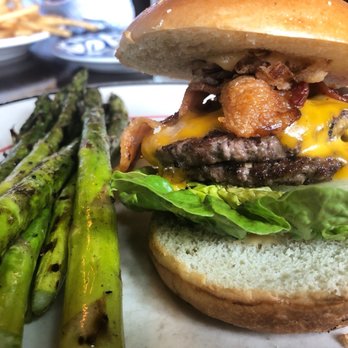 Bond 45 - OLD FASHIONED BURGER $15 double patty, three cheese sauce, bacon, crispy shallots, tomato, lettuce - Italian Near Me - Oxon Hill, Maryland