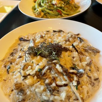 Scarpetta - Pici in back sone vegetarian risotto in front - Italian Near Me - Las Vegas, Nevada