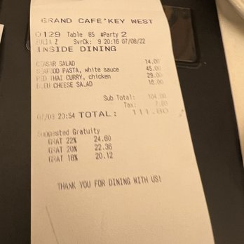 Grand Cafe Key West - The check with the hair in the food pasta. - New American Near Me - Key West, Florida Grand Cafe Key West - The check with the hair in the food pasta. - New American Near Me - Key West, Florida