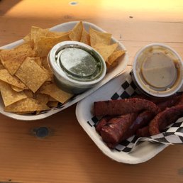 Chips and salsa verde and grilled pepperoni