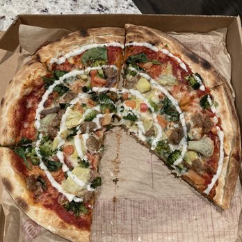 MOD Pizza - Pizza with red sauce, spinach, artichoke, broccoli, sausage, anchovies, ranch (~$11) - Fast Food Near Me - Easton, Pennsylvania