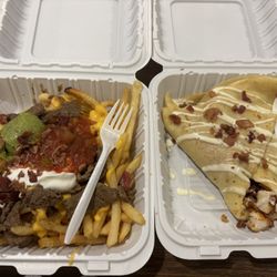 Holy Crepe! Food Truck - Carne asada fries and chicken bacon ranch crepe