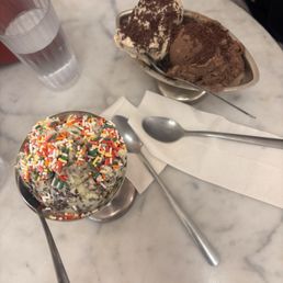 Mint chocolate chip with rainbow sprinkles, a double dish of butter pecan and Dutch holland chocolate Mint chocolate chip with rainbow sprinkles, a double dish of butter pecan and Dutch holland chocolate