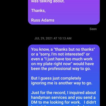 Hard Knock Handyman Service - Screen shot proving the owner of Hard Knocks Handyman Service a LIAR in his response that the whole thing never happened. What a child! - Handyman Near Me - Millville , Massachusetts Hard Knock Handyman Service - Screen shot proving the owner of Hard Knocks Handyman Service a LIAR in his response that the whole thing never happened. What a child! - Handyman Near Me - Millville , Massachusetts