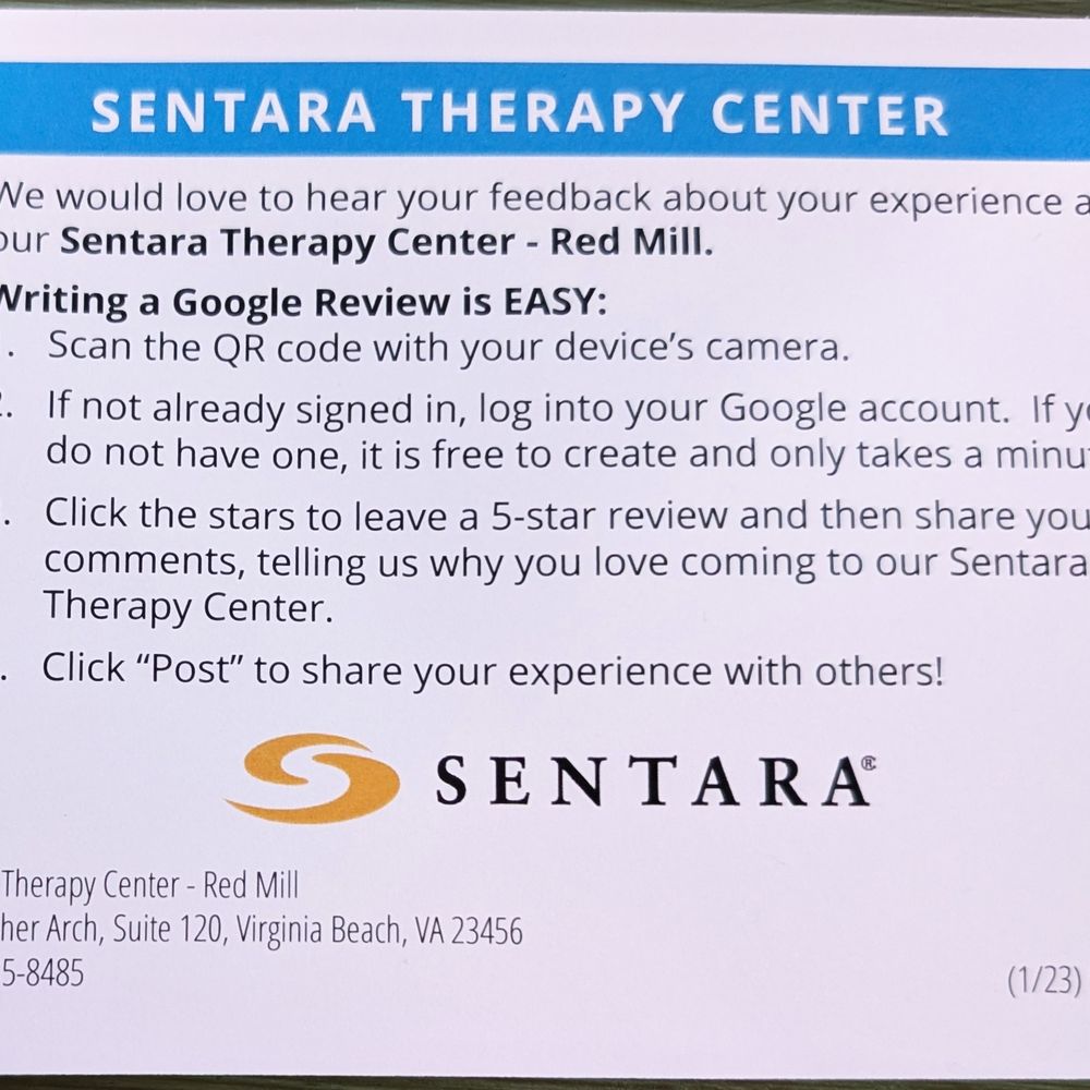 Sentara Therapy Center - Red Mill - This is the back side of their review card.  Photo taken March 7, 2025. - Physical Therapy Near Me - Virginia Beach, Virginia