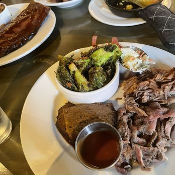 The Shaved Duck - Burnt ends and corn bread appetizers. Three meat combo plate of smoked tri-tip, pulled pork, smoked meatloaf with Brussel sprouts and slaw. - Soul Food Near Me - St Louis, Missouri The Shaved Duck - Burnt ends and corn bread appetizers. Three meat combo plate of smoked tri-tip, pulled pork, smoked meatloaf with Brussel sprouts and slaw. - Soul Food Near Me - St Louis, Missouri