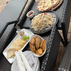 Costabella Tropical Beach Hotel - Lunch by the pool: cheese quesadillas, fried rice, potato wedges, Hawaiian pizza