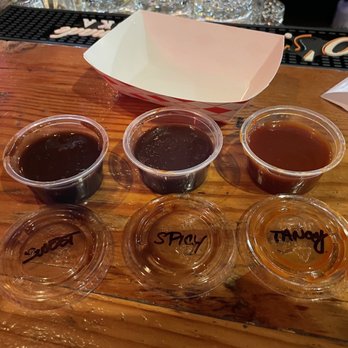 Frasher's Smokehouse - BBQ sauces that accompanied 2 Meat Combination Platter.  1. Sweet 2. Spicy 3.  Tangy - Barbeque Near Me - Phoenix, Arizona