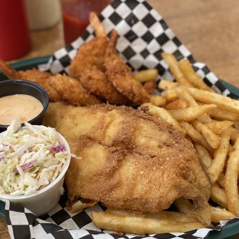 Miller's Waterfront Restaurant - Mixed plate with grouper and coconut shrimp - Seafood Near Me - Nags Head, North Carolina