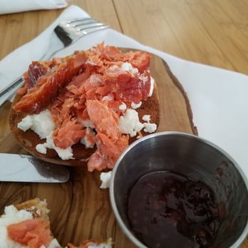 Bits Cafe - Smoked salmon on bagel with goat cheese and jam. - Coffee & Tea Near Me - Olympia, Washington Bits Cafe - Smoked salmon on bagel with goat cheese and jam. - Coffee & Tea Near Me - Olympia, Washington