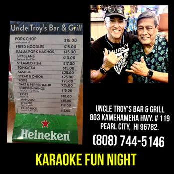 Uncle Troy's Bar and Grill - Short list of pupu's but reasonably priced and delicious.... Uncle Troy (in black cap) taking some time to hang with patrons. - Asian Fusion Near Me - Pearl City, Hawaii