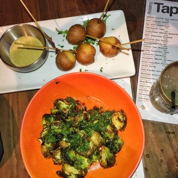 Eureka! - Crispy brussel sprouts and sausage corn dogs - American Near Me - Austin, Texas Eureka! - Crispy brussel sprouts and sausage corn dogs - American Near Me - Austin, Texas