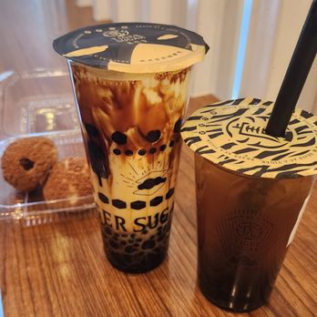 Tiger Sugar - Brown sugar boba + pearl milk with cream mousse, golden oolong tea with boba, 2 cream puffs - Bubble Tea Near Me - New York, New York