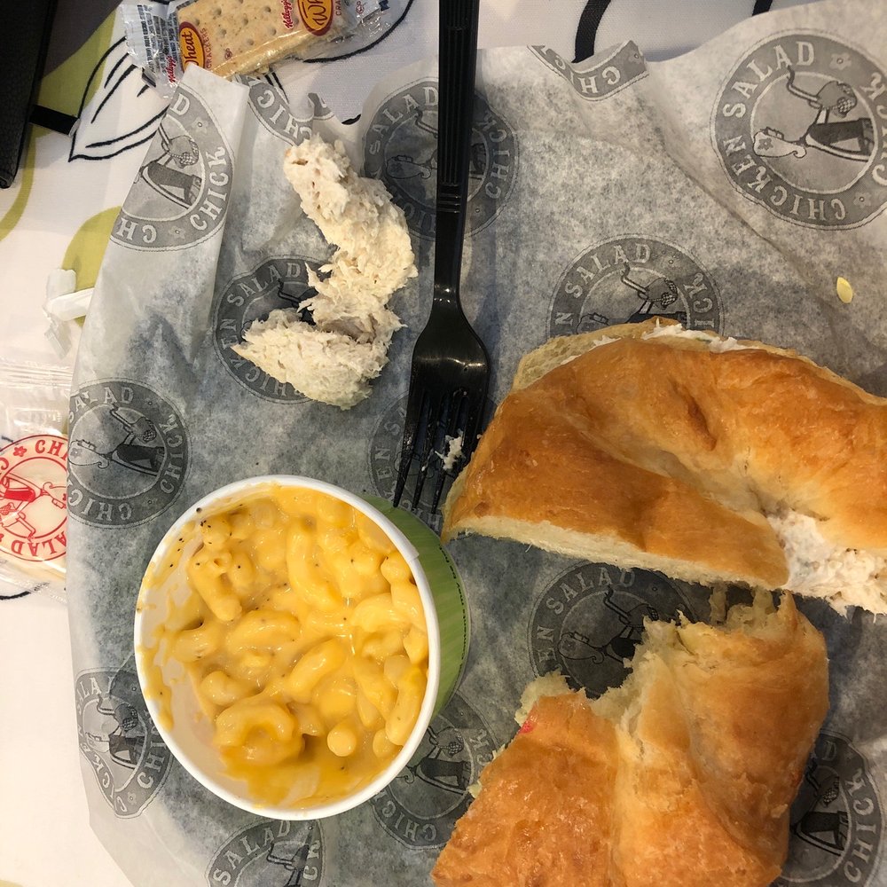 Classic carol chicken salad on a croissant with Mac and cheese and wheat crackers