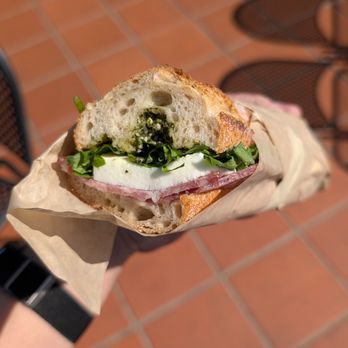 Tommy and Atticus - Sandwich of the Week -Sopressata Salami, Fresh Mozzarella, Arugula, Basil Pesto, Garlic Aioli, on a Sourdough Baguette - Bakeries Near Me - Redondo Beach, California