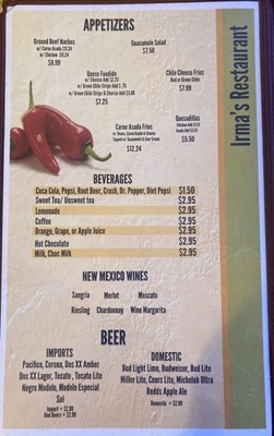 Menu photo 2 Irma's Mexican Restaurant Deming, NM