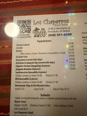 Menu photo 5 Los Chaparros Mexican Restaurant Honolulu, HI