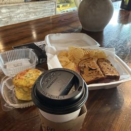 Cafe mocha, Feta egg cup, "Raisin The Roof" sandwich Cafe mocha, Feta egg cup, "Raisin The Roof" sandwich