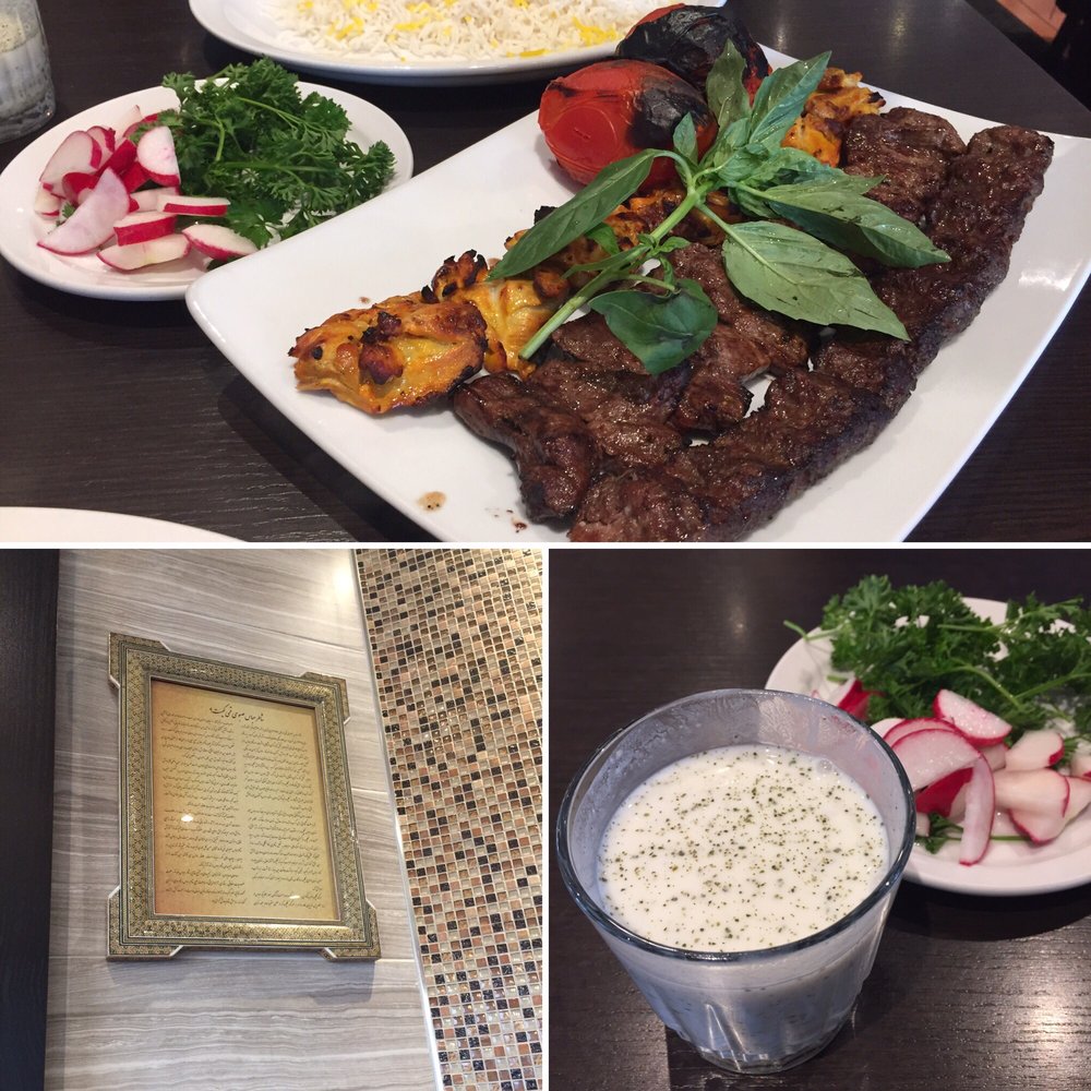 Combo 2: barg (veal) kebab, Koobideh (grounded lamb and beef) kebab, chicken leg kebab with 2 rice $32.99 + yogurt drink $2.99
