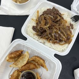 I ordered three things. Miso soup, the #18. Beef Teriyaki Bowl & House Special Chicken Potstickers (6 PC).plain bowl