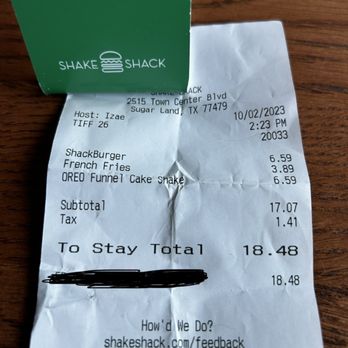 Shake Shack Sugar Land - Receipt - Burgers Near Me - Sugar Land, Texas Shake Shack Sugar Land - Receipt - Burgers Near Me - Sugar Land, Texas