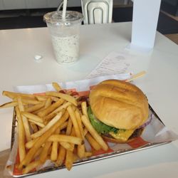 Smashburger - Single cheese burger with fries and a cookie and cream shake that was made perfectly.